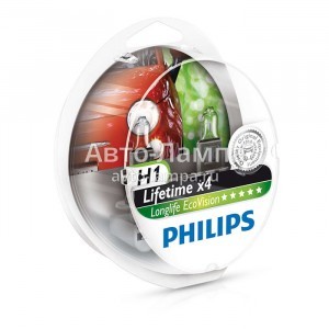 Комплект галогеновых ламп Philips H1 LongLife EcoVision - 12258LLECOS2 (пласт. бокс)